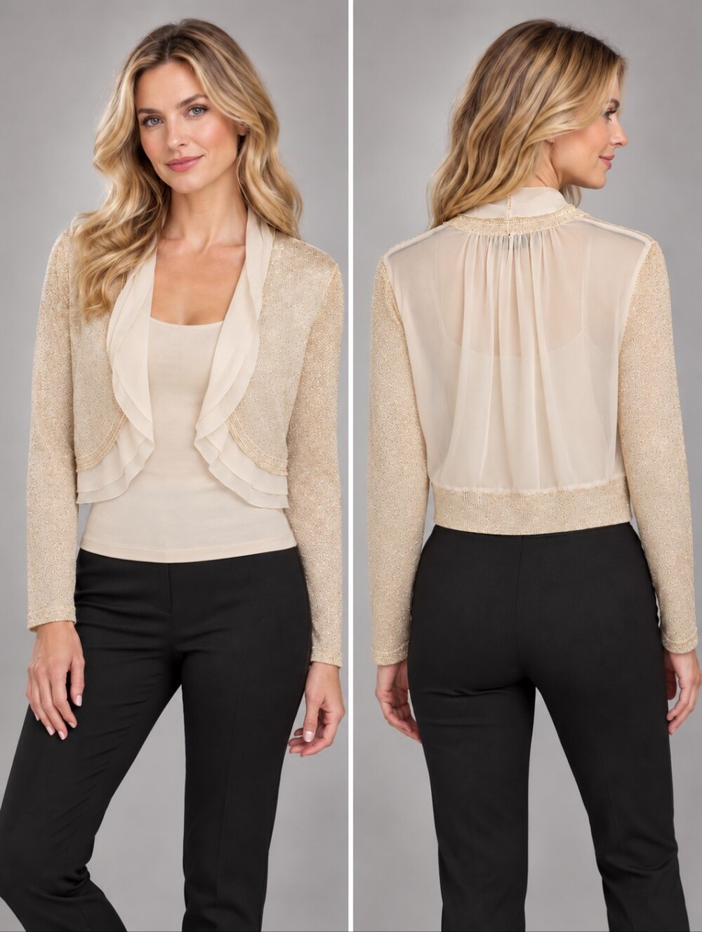 Nina Leonard Elegant Champagne Gold Shimmer Open-Front Bolero Shrug Cardigan